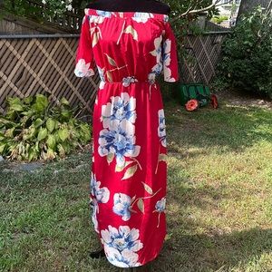 Wine & Blue Floral gathered waist off-shoulder midi dress